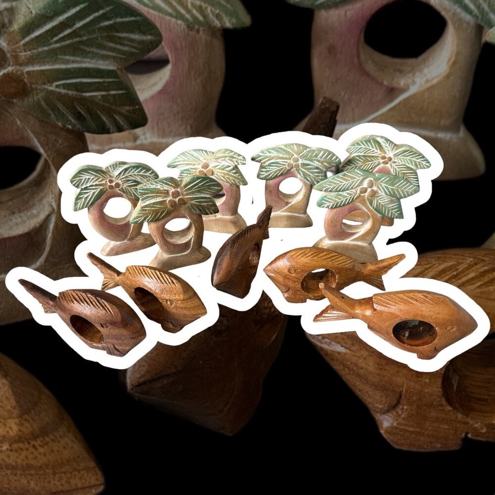 Vintage Tropical Wood Napkin Rings Palm Trees and Fish set of 11
